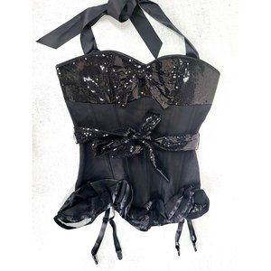 NEW ADORE ME Black Beaded Garter Corset Top S M L Halter Slimming‎ Belt Lingerie